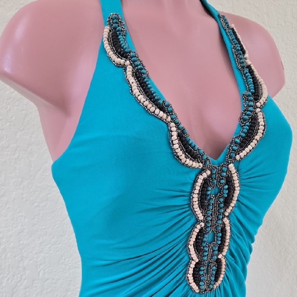 Cache Blue Gold Ruched Halter Maxi Dress - Picture 4 of 5